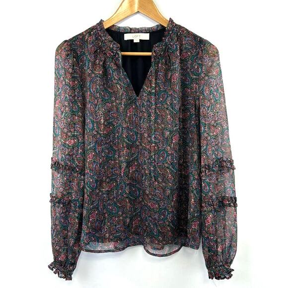 Ann Taylor Loft Jewel Tone Paisley Sheer Long Sleeve Pop Over S Top Moody Nature - Picture 1 of 10